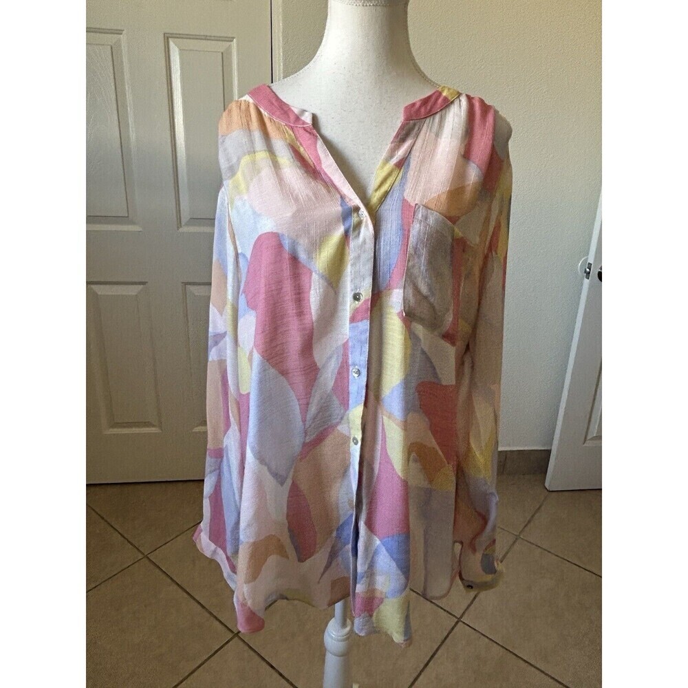 ZAC & RACHEL Roll Tab Sleeve Button‎ Down Blouse Womens Size XXL color Pastel